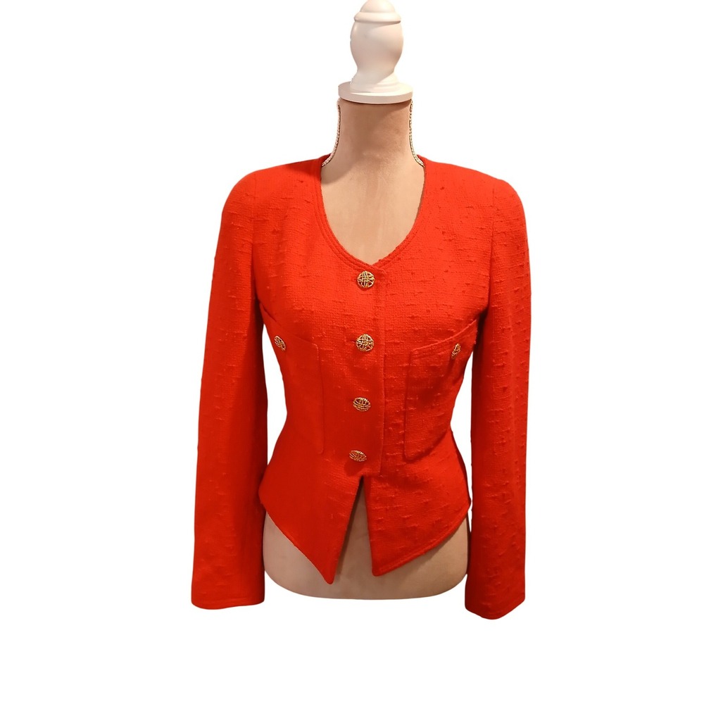 Vtg Louis Feraud Red Textured Boucle Blazer Jacket Gold Buttons Size 4 US -Read